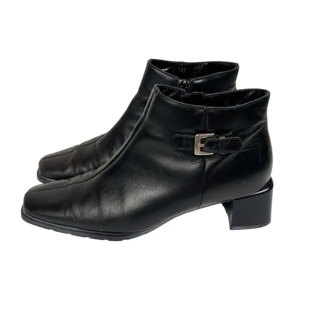 Vintage Ecco Black Leather Square Toe Ankle Boots Booties‎ Size 7